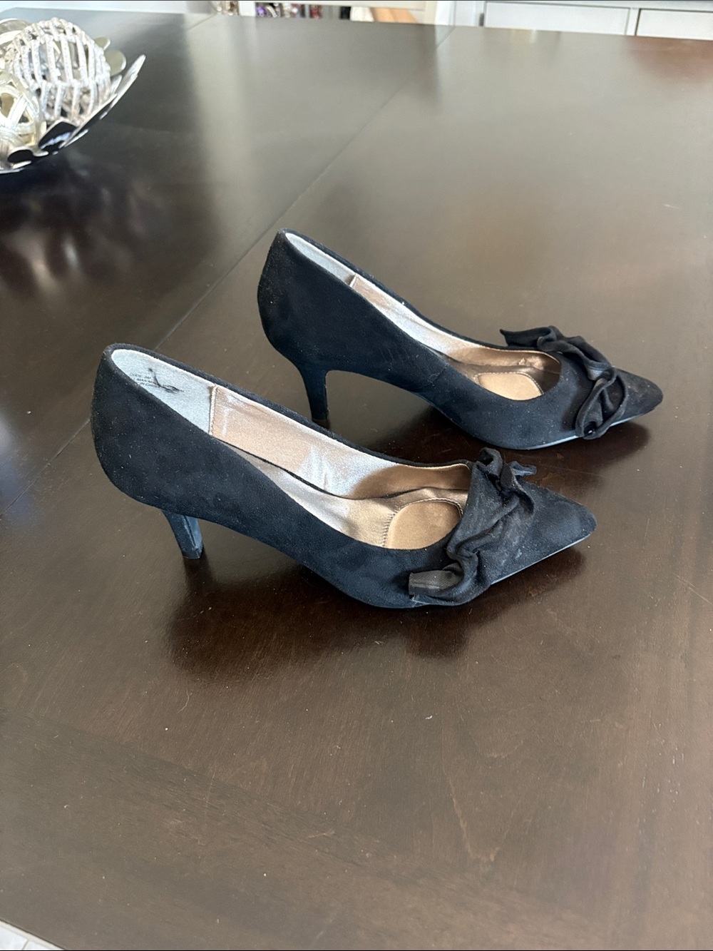 Annie Black Suede Pointed-Toe Mid Heels with Bow Accent